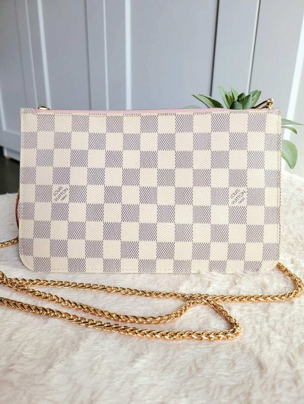 Louis Vuitton Neverfull Mm Clutch Wristlet Damier Azur Rose Ballerine
